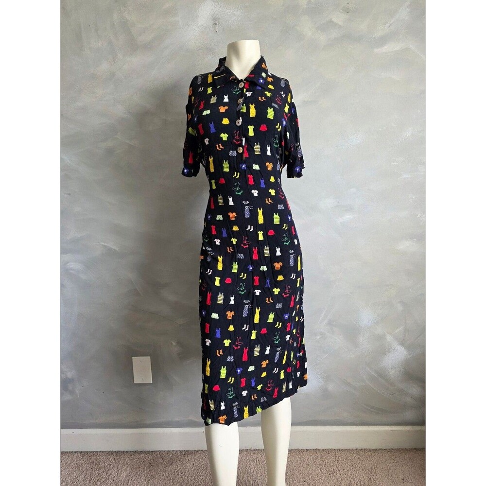 Vtg 90s David Dart Black Button Up Novelty Print Multicolor Dress Sz L Collar